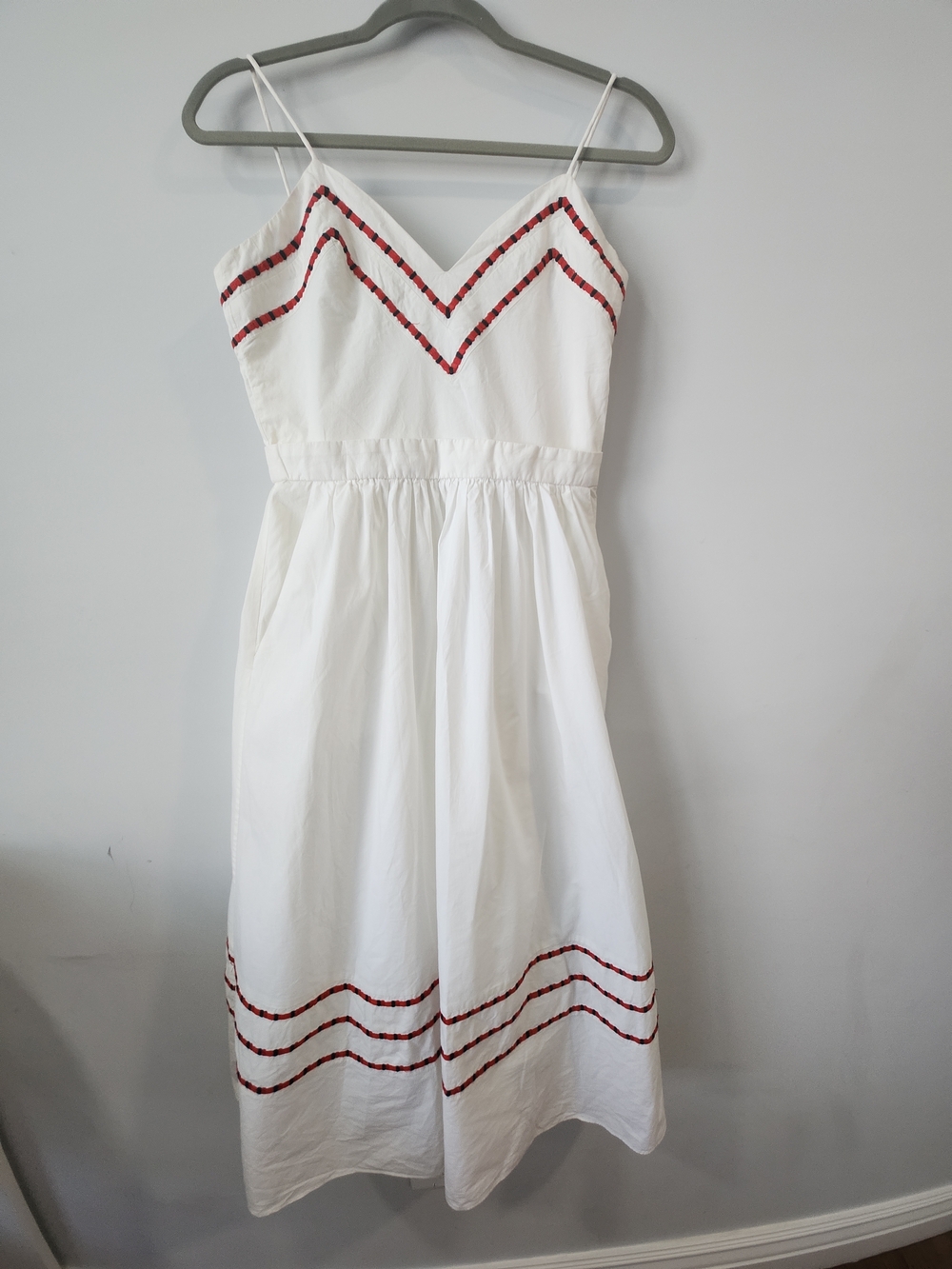 Woman White Sundress with Red Accent Trim